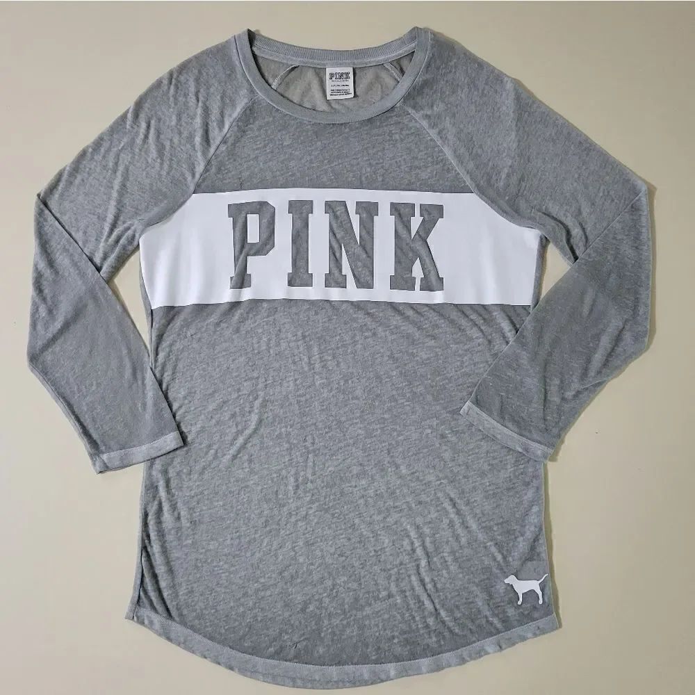 PINK Victoria's Secret Gray Burnout Long Sleeve Pullover Crew Tee